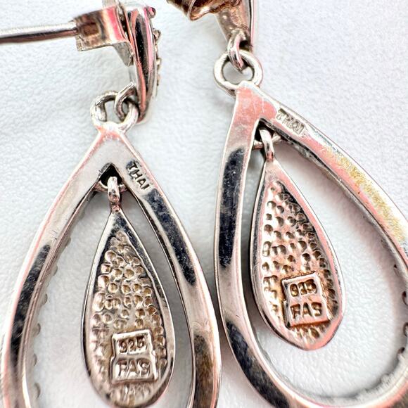 FAS THAI 925 Sterling Silver Earrings Teardrop Faux Marcasite Pebbled Milgrain - Picture 6 of 11